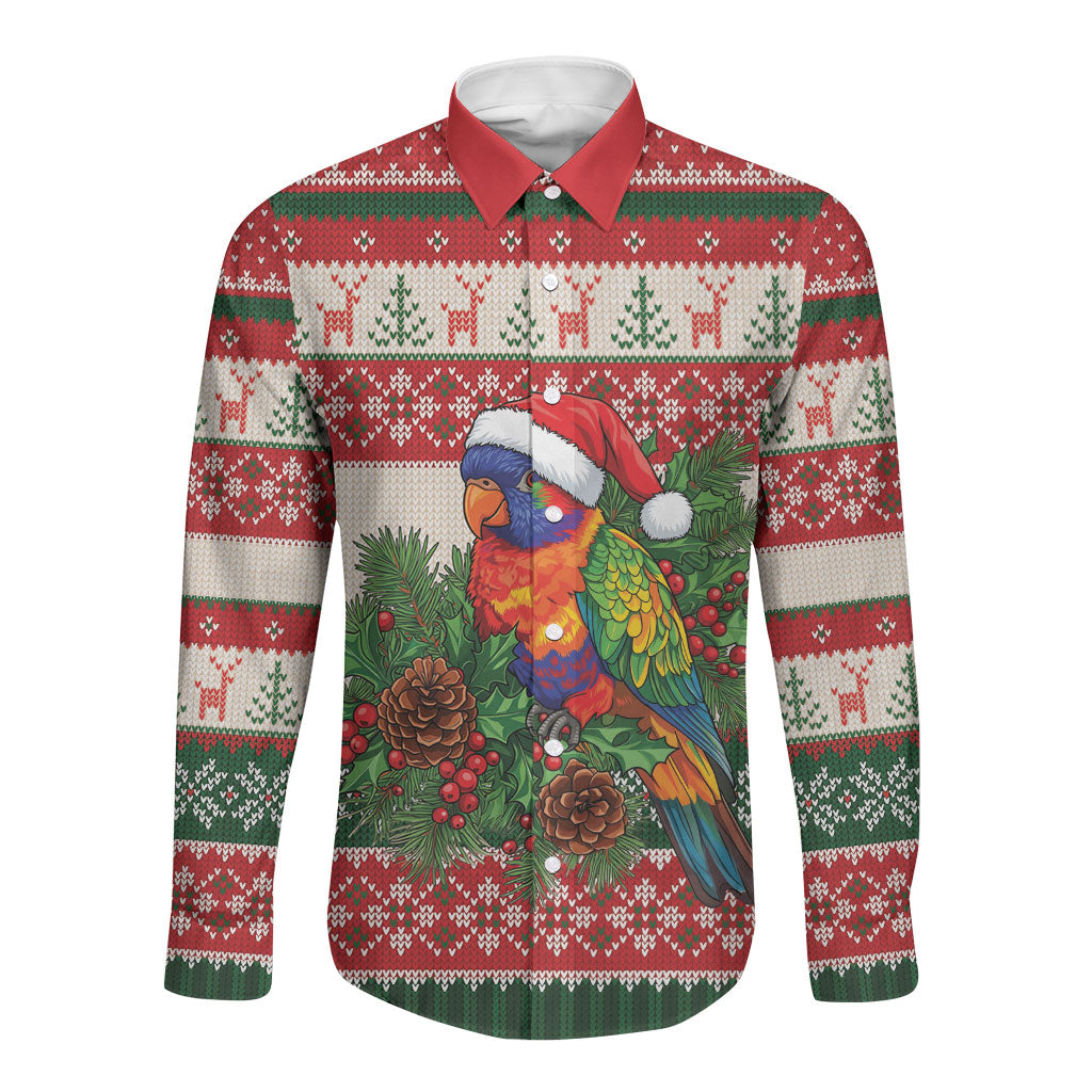 Aussie Rainbow Lorikeets Christmas Long Sleeve Button Shirt Festive Knitted Pattern Inspired