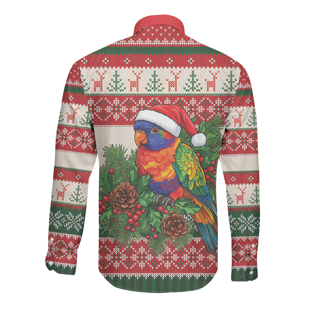 Aussie Rainbow Lorikeets Christmas Long Sleeve Button Shirt Festive Knitted Pattern Inspired