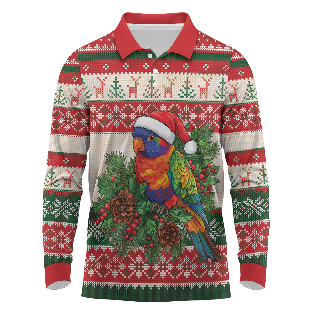 Aussie Rainbow Lorikeets Christmas Long Sleeve Polo Shirt Festive Knitted Pattern Inspired