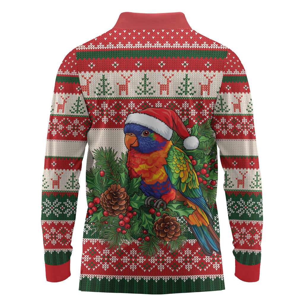 Aussie Rainbow Lorikeets Christmas Long Sleeve Polo Shirt Festive Knitted Pattern Inspired