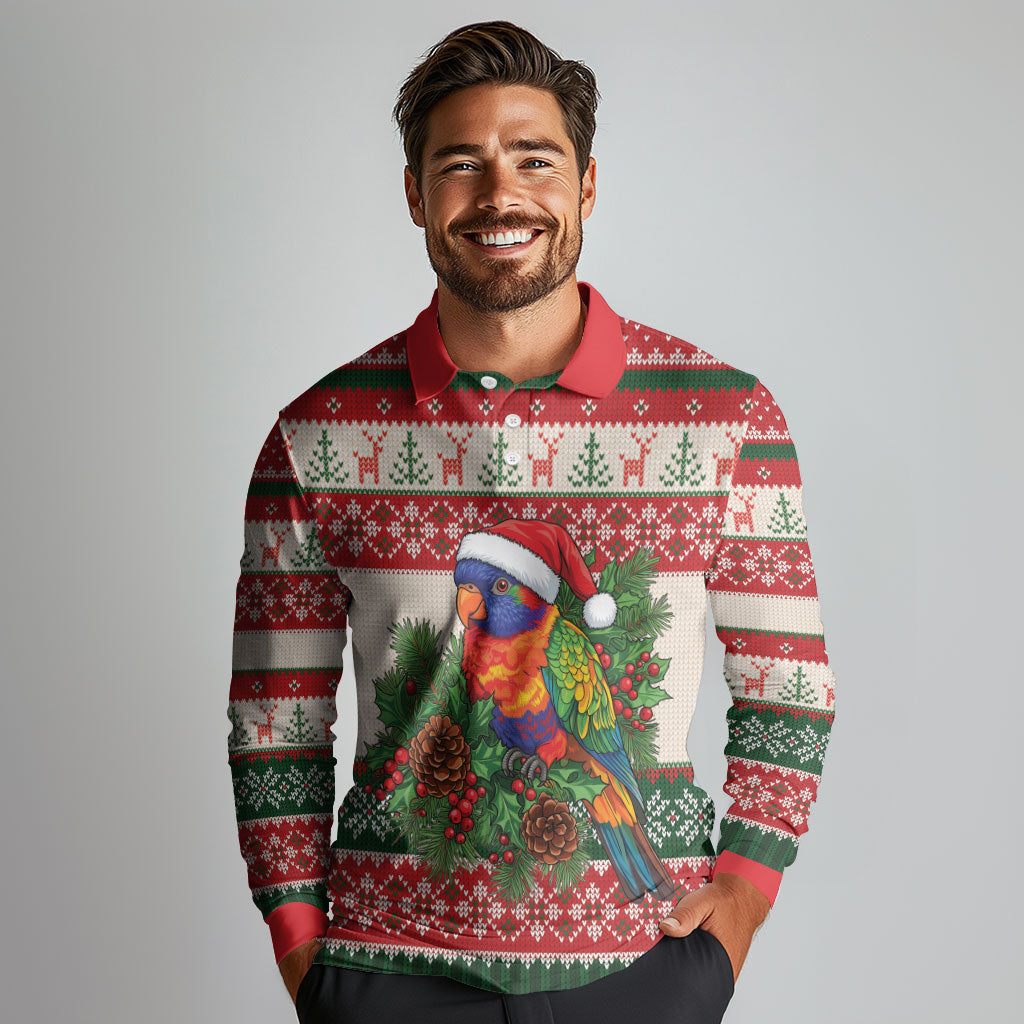 Aussie Rainbow Lorikeets Christmas Long Sleeve Polo Shirt Festive Knitted Pattern Inspired