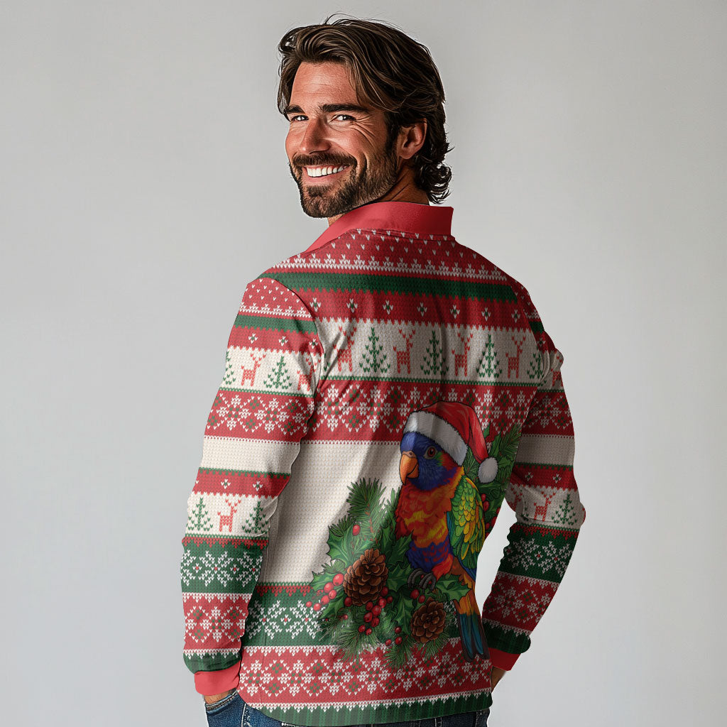 Aussie Rainbow Lorikeets Christmas Long Sleeve Polo Shirt Festive Knitted Pattern Inspired