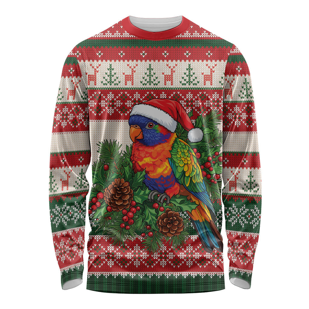 Aussie Rainbow Lorikeets Christmas Long Sleeve Shirt Festive Knitted Pattern Inspired