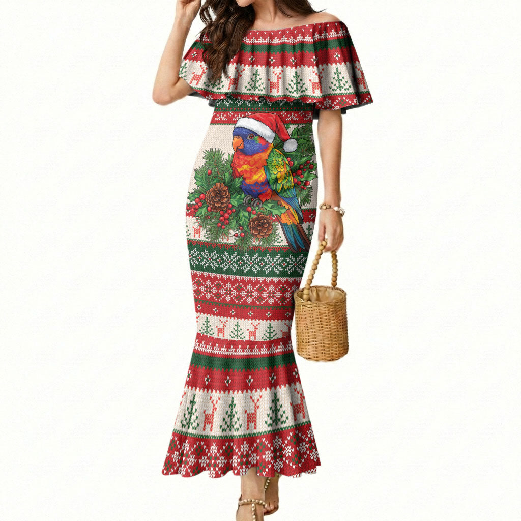 Aussie Rainbow Lorikeets Christmas Mermaid Dress Festive Knitted Pattern Inspired