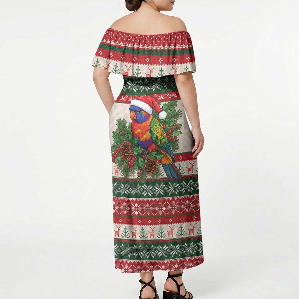 Aussie Rainbow Lorikeets Christmas Off Shoulder Maxi Dress Festive Knitted Pattern Inspired
