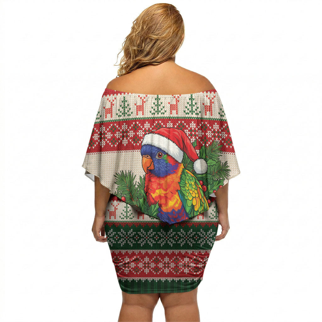 Aussie Rainbow Lorikeets Christmas Off Shoulder Short Dress Festive Knitted Pattern Inspired