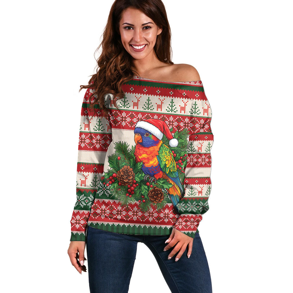 Aussie Rainbow Lorikeets Christmas Off Shoulder Sweater Festive Knitted Pattern Inspired