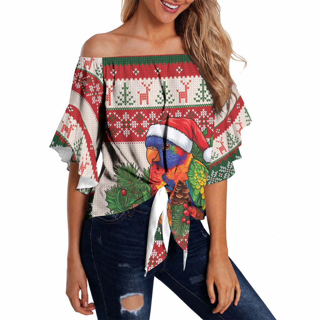 Aussie Rainbow Lorikeets Christmas Off Shoulder Wrap Waist Top Festive Knitted Pattern Inspired