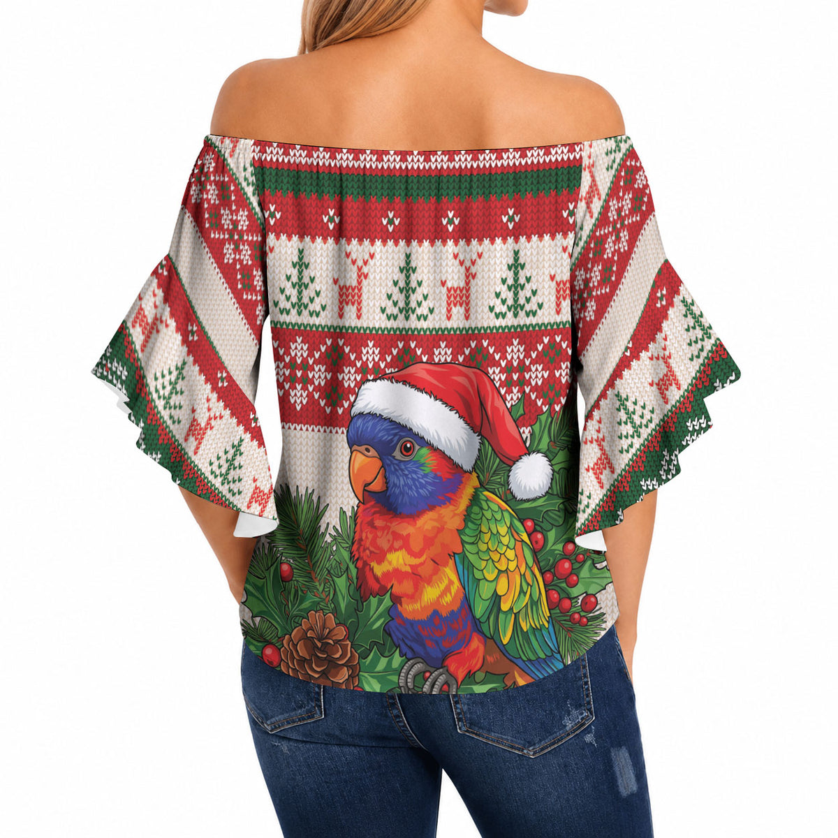Aussie Rainbow Lorikeets Christmas Off Shoulder Wrap Waist Top Festive Knitted Pattern Inspired