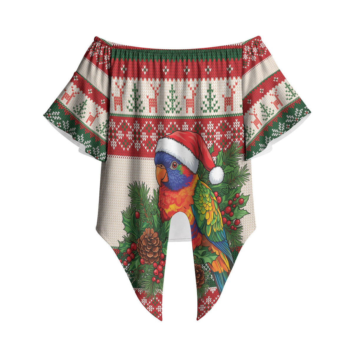 Aussie Rainbow Lorikeets Christmas Off Shoulder Wrap Waist Top Festive Knitted Pattern Inspired
