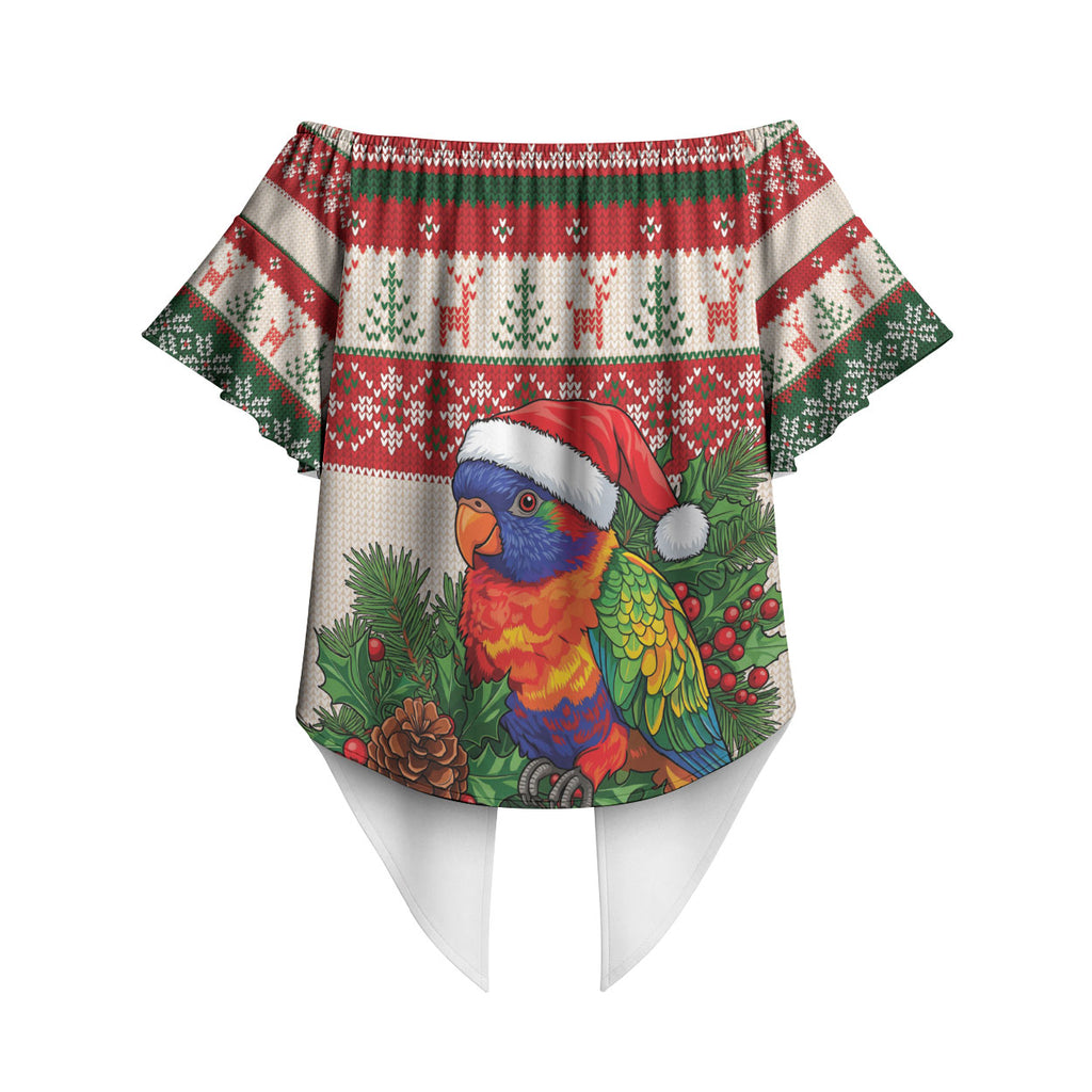 Aussie Rainbow Lorikeets Christmas Off Shoulder Wrap Waist Top Festive Knitted Pattern Inspired