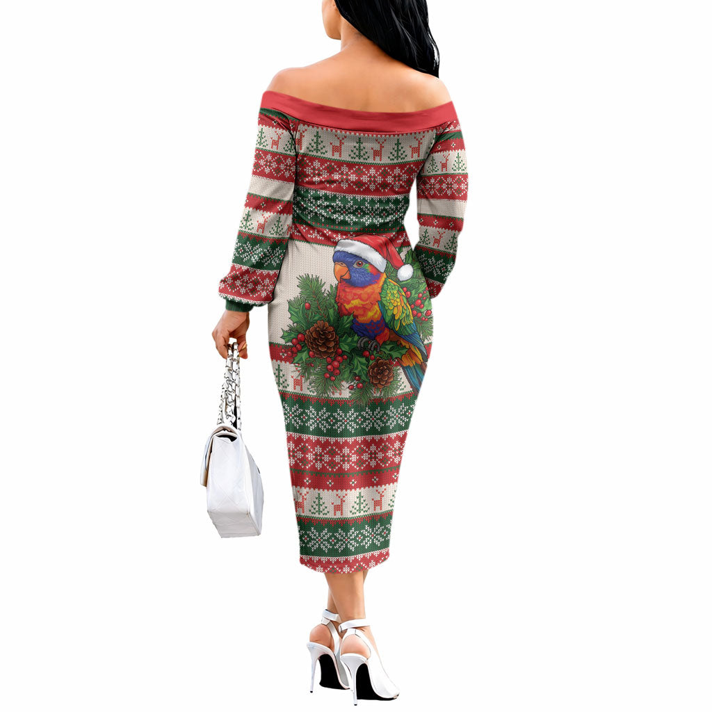 Aussie Rainbow Lorikeets Christmas Off The Shoulder Long Sleeve Dress Festive Knitted Pattern Inspired