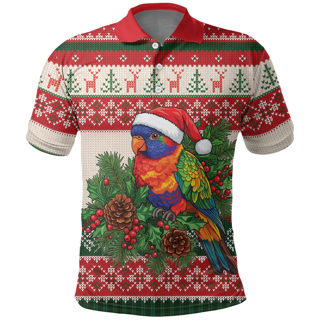 Aussie Rainbow Lorikeets Christmas Polo Shirt Festive Knitted Pattern Inspired