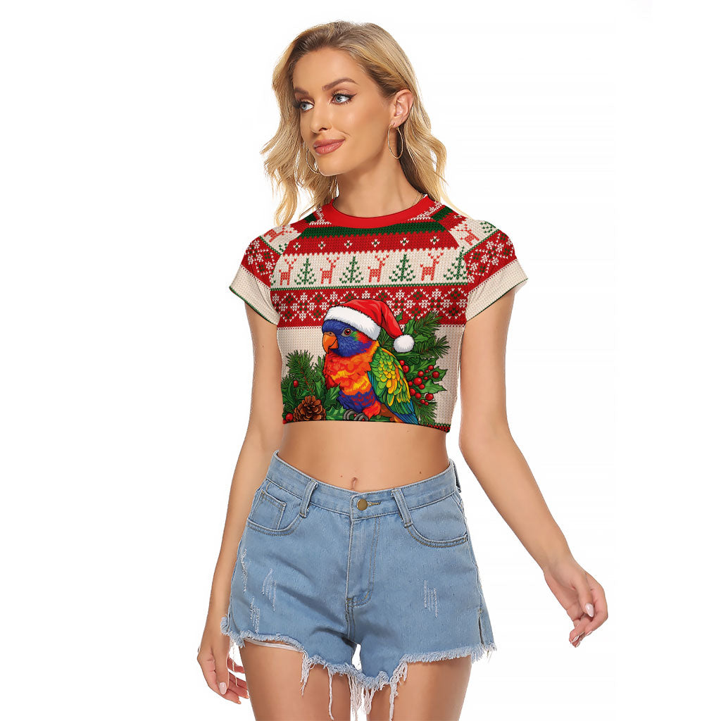 Aussie Rainbow Lorikeets Christmas Raglan Cropped T Shirt Festive Knitted Pattern Inspired
