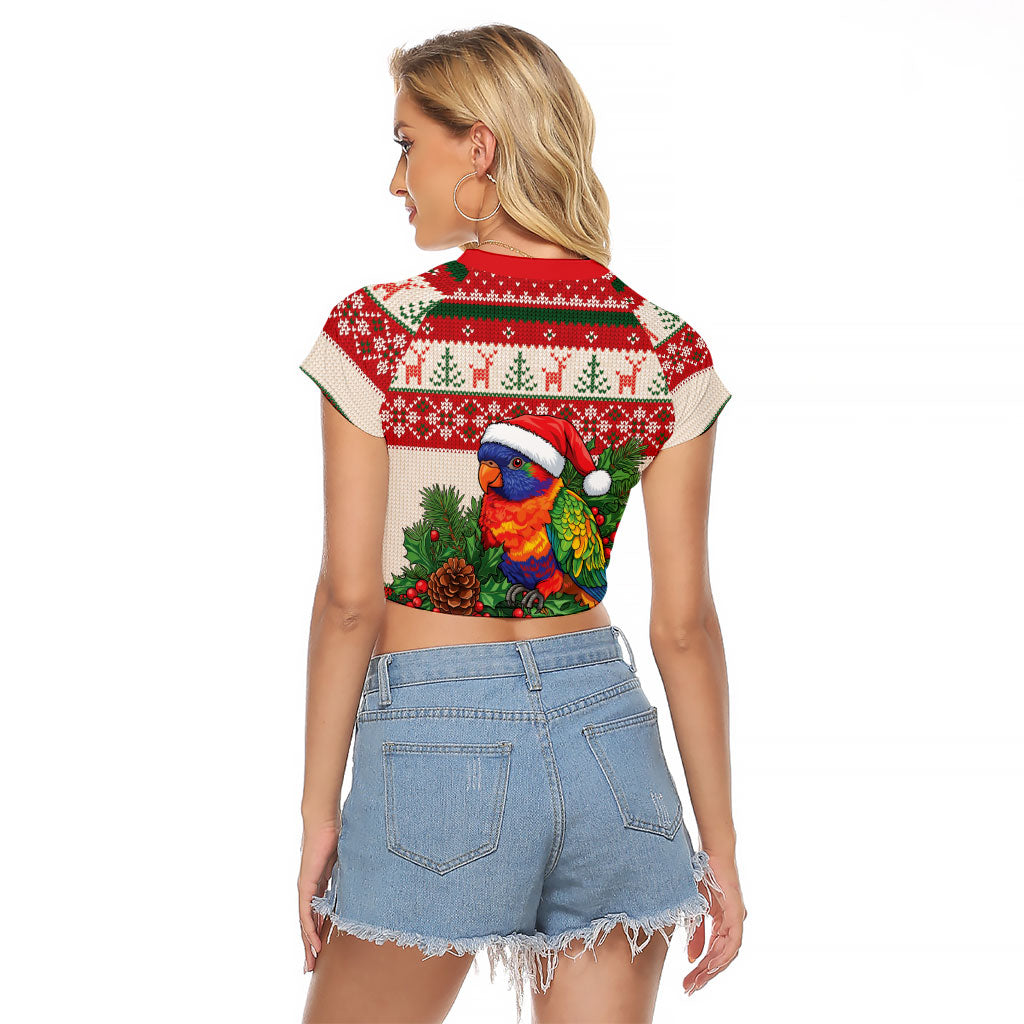 Aussie Rainbow Lorikeets Christmas Raglan Cropped T Shirt Festive Knitted Pattern Inspired