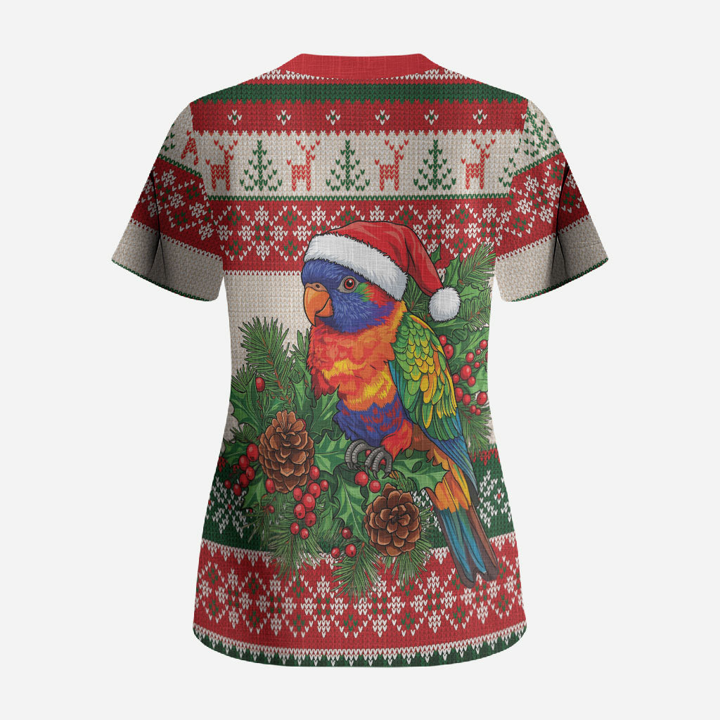 Aussie Rainbow Lorikeets Christmas Scrub Top Festive Knitted Pattern Inspired