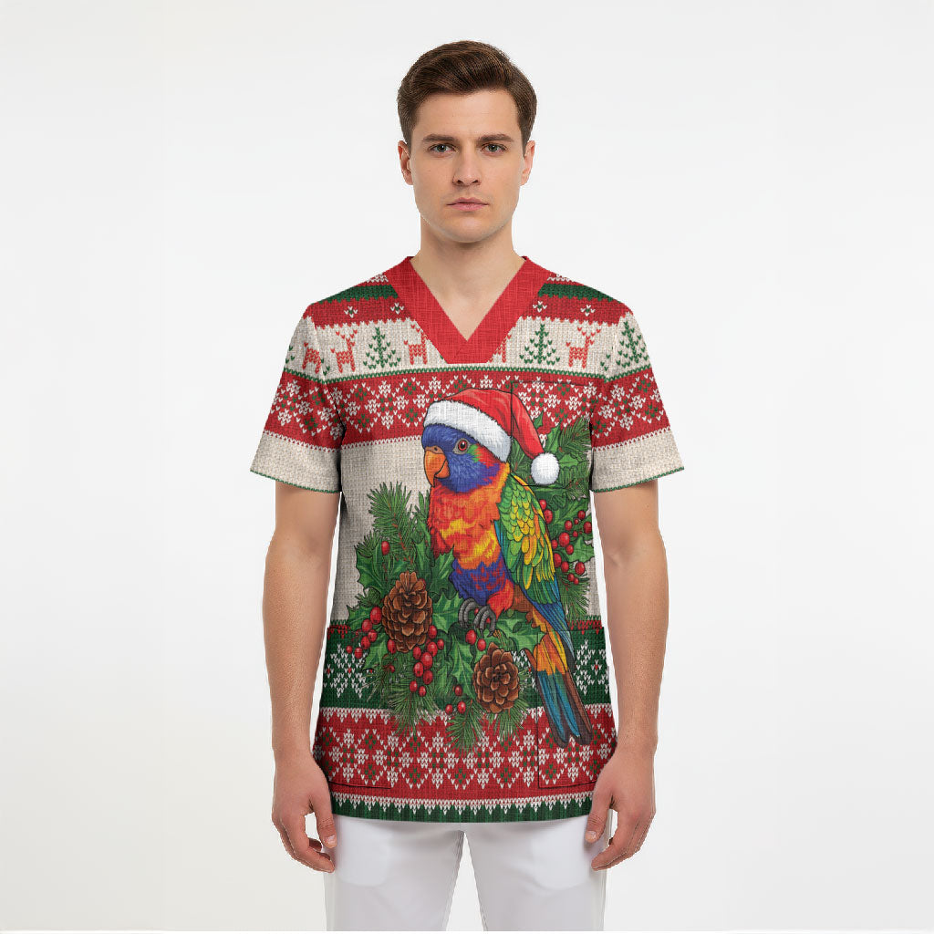 Aussie Rainbow Lorikeets Christmas Scrub Top Festive Knitted Pattern Inspired
