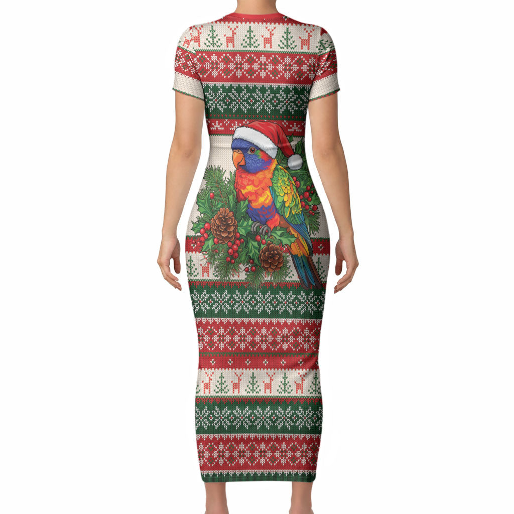 Aussie Rainbow Lorikeets Christmas Short Sleeve Bodycon Dress Festive Knitted Pattern Inspired