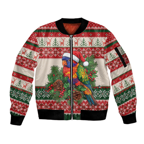 Aussie Rainbow Lorikeets Christmas Sleeve Zip Bomber Jacket Festive Knitted Pattern Inspired