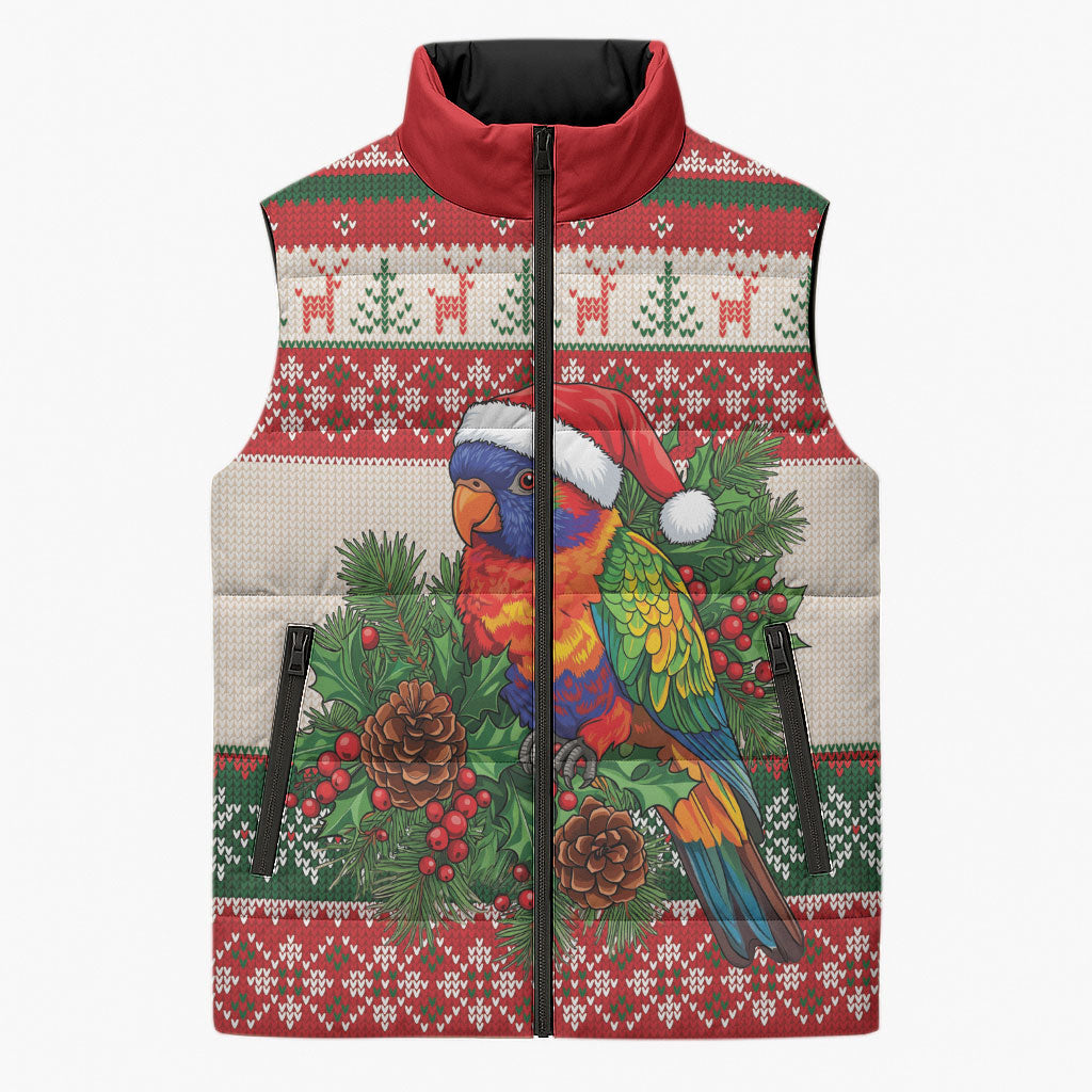 Aussie Rainbow Lorikeets Christmas Sleeveless Puffer Jacket Festive Knitted Pattern Inspired