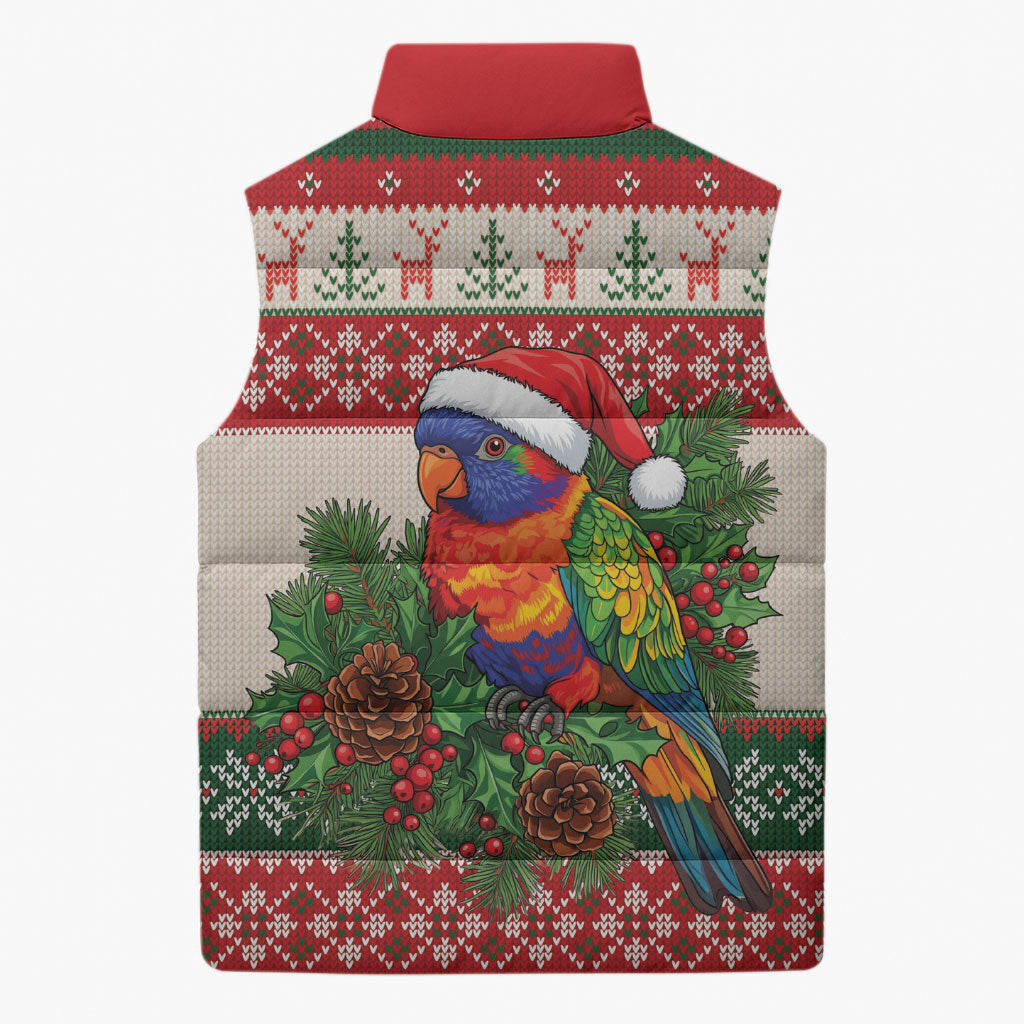 Aussie Rainbow Lorikeets Christmas Sleeveless Puffer Jacket Festive Knitted Pattern Inspired