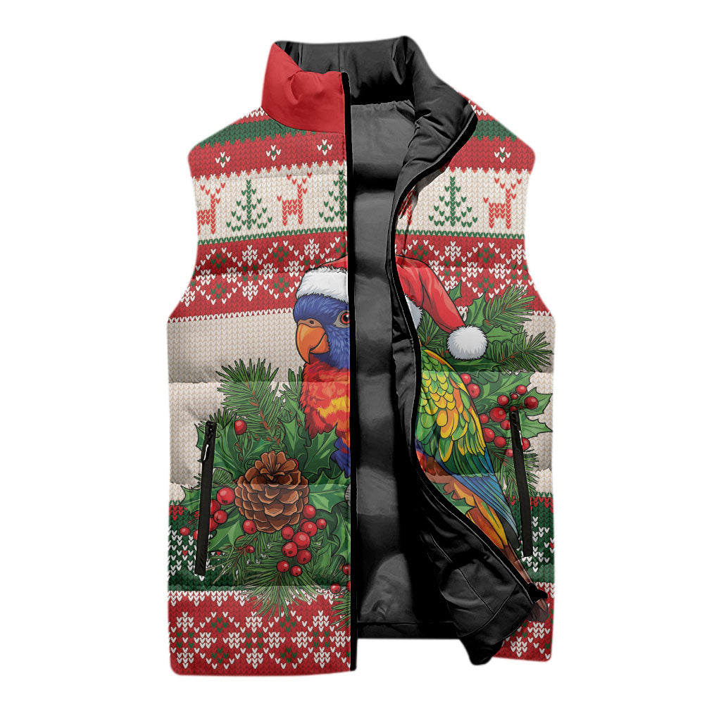 Aussie Rainbow Lorikeets Christmas Sleeveless Puffer Jacket Festive Knitted Pattern Inspired
