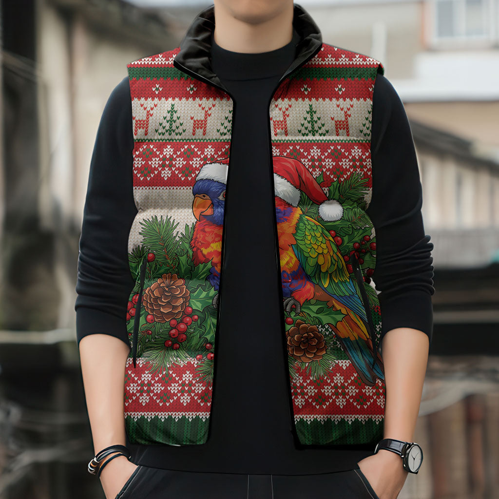 Aussie Rainbow Lorikeets Christmas Sleeveless Puffer Jacket Festive Knitted Pattern Inspired