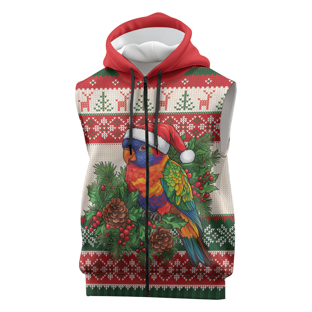 Aussie Rainbow Lorikeets Christmas Sleeveless Zip Hoodie Festive Knitted Pattern Inspired
