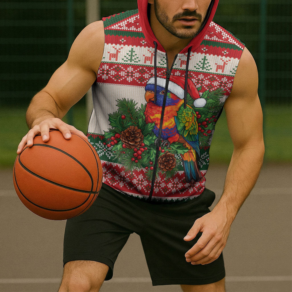 Aussie Rainbow Lorikeets Christmas Sleeveless Zip Hoodie Festive Knitted Pattern Inspired