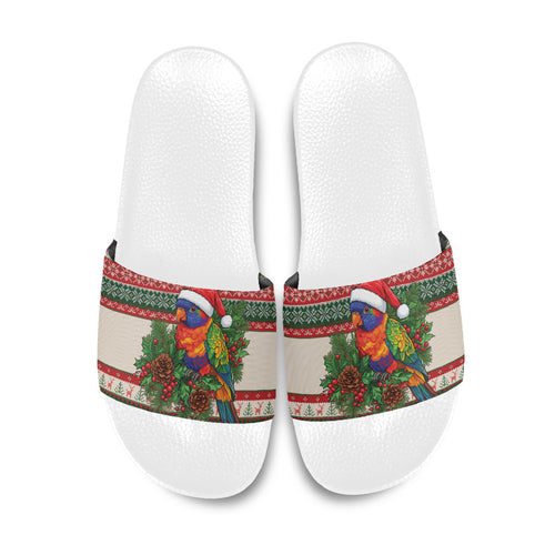 Aussie Rainbow Lorikeets Christmas Slide Sandals Festive Knitted Pattern Inspired