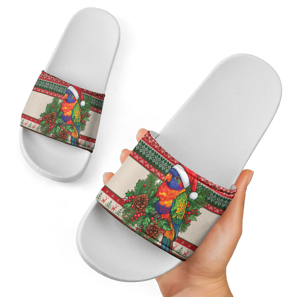 Aussie Rainbow Lorikeets Christmas Slide Sandals Festive Knitted Pattern Inspired