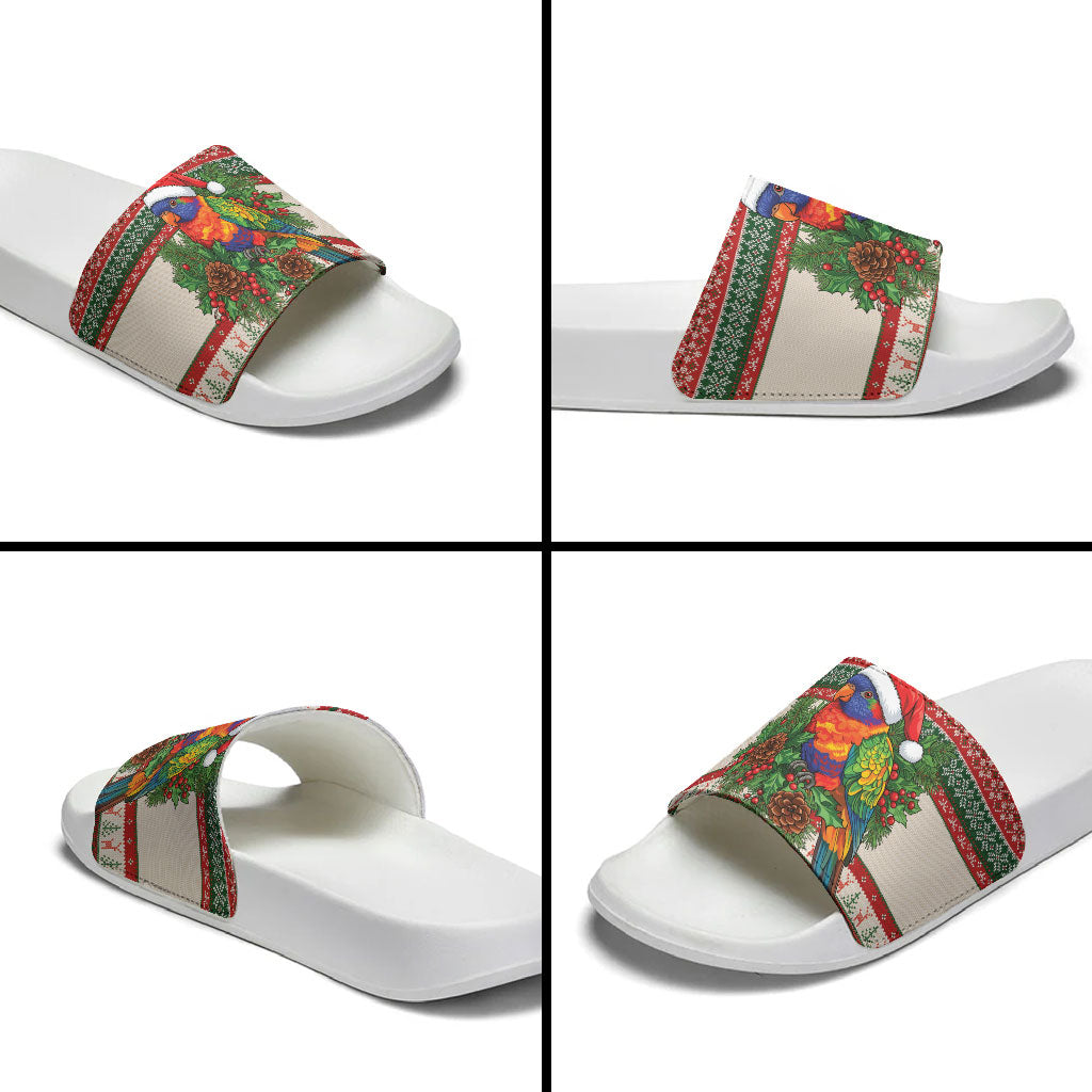 Aussie Rainbow Lorikeets Christmas Slide Sandals Festive Knitted Pattern Inspired