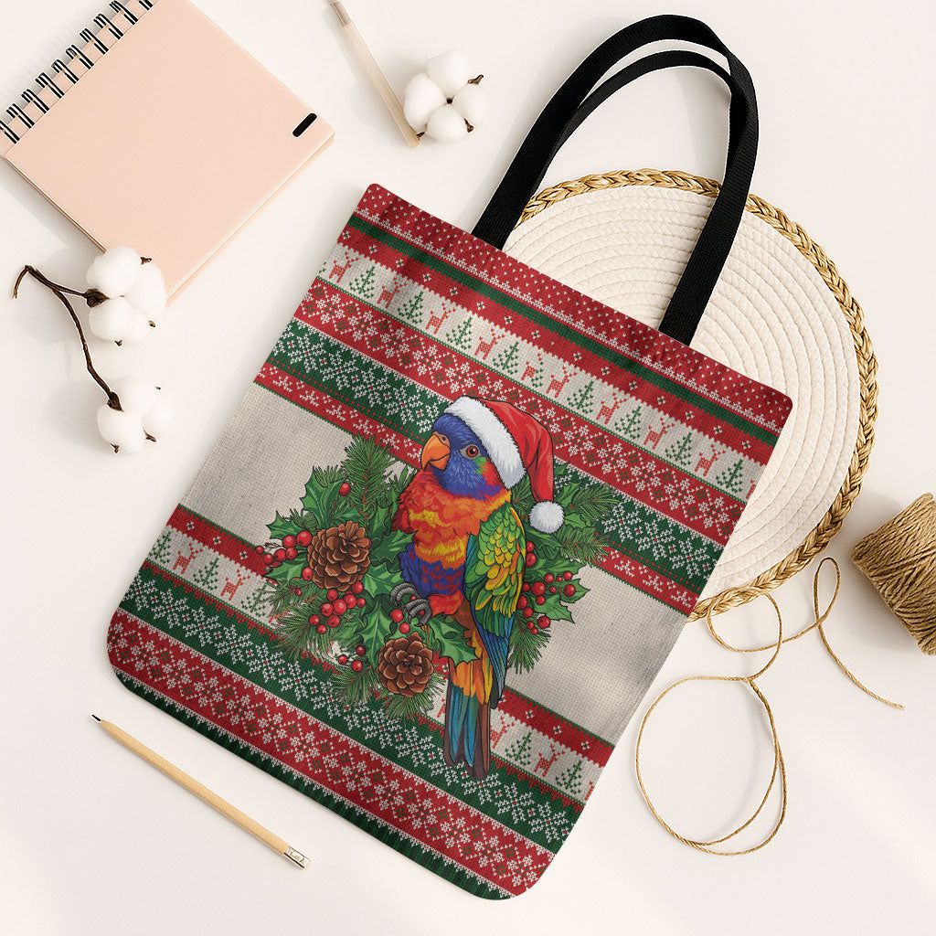 Aussie Rainbow Lorikeets Christmas Tote Bag Festive Knitted Pattern Inspired