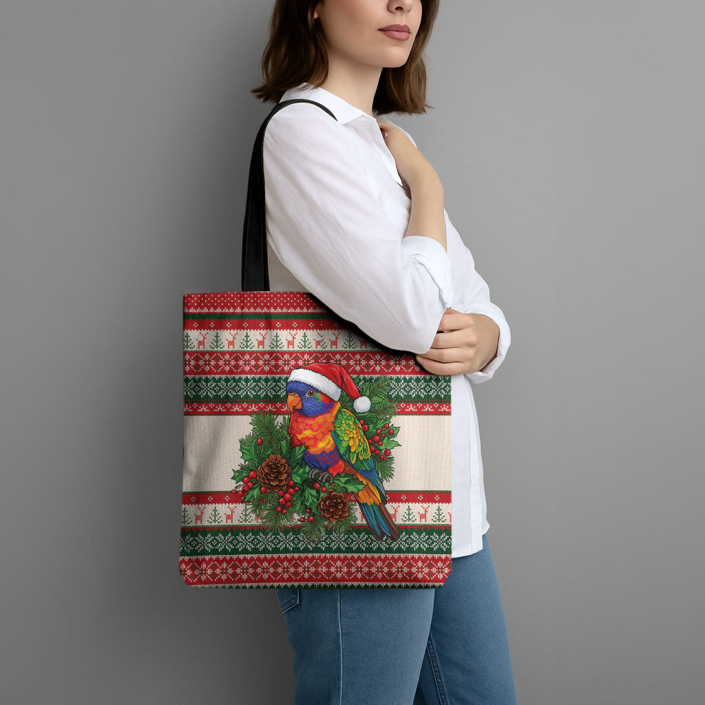 Aussie Rainbow Lorikeets Christmas Tote Bag Festive Knitted Pattern Inspired