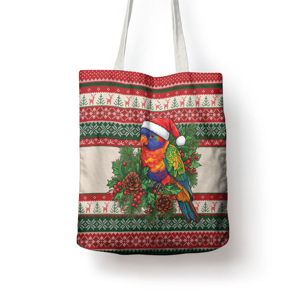 Aussie Rainbow Lorikeets Christmas Tote Bag Festive Knitted Pattern Inspired