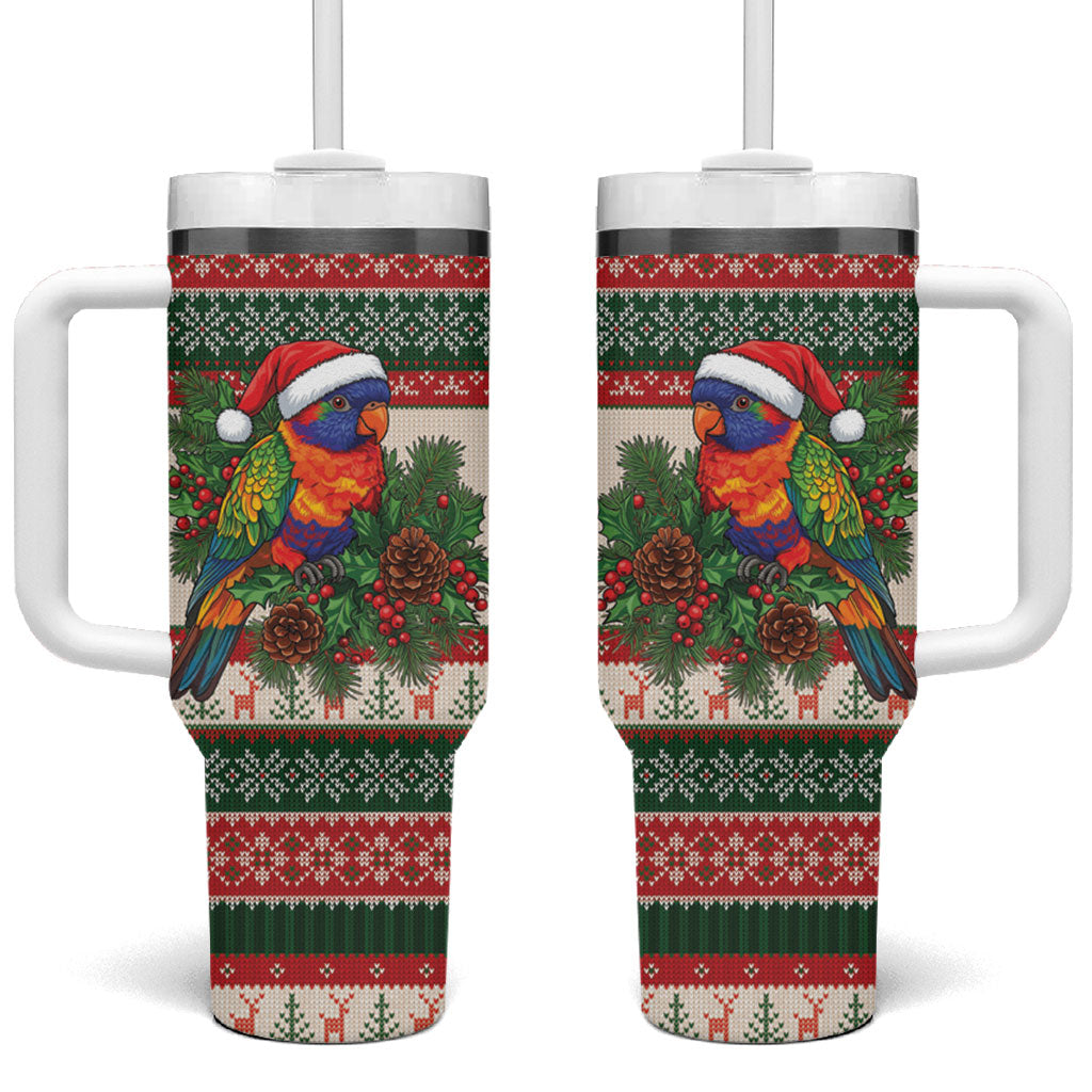 Aussie Rainbow Lorikeets Christmas Tumbler With Handle Festive Knitted Pattern Inspired