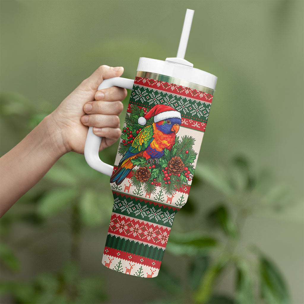 Aussie Rainbow Lorikeets Christmas Tumbler With Handle Festive Knitted Pattern Inspired