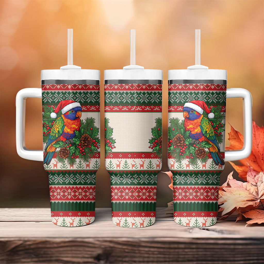 Aussie Rainbow Lorikeets Christmas Tumbler With Handle Festive Knitted Pattern Inspired