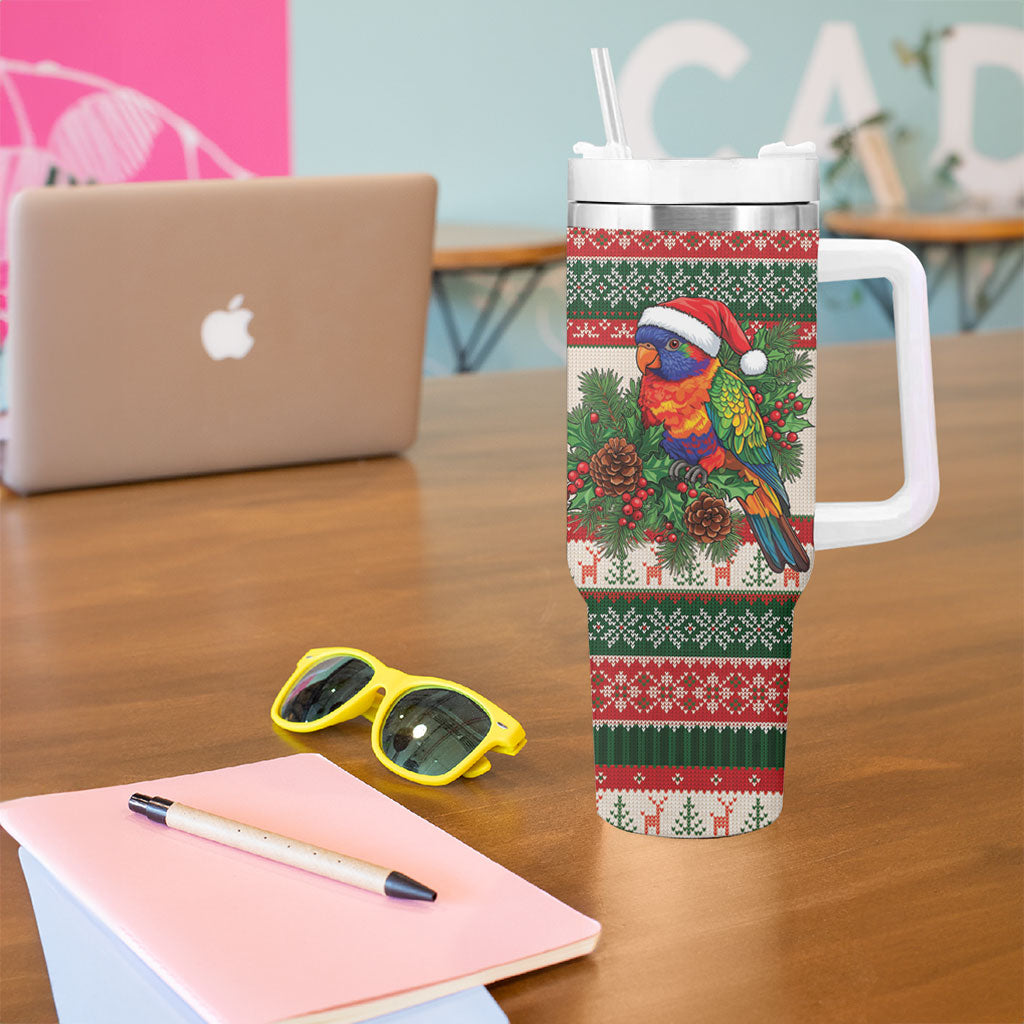 Aussie Rainbow Lorikeets Christmas Tumbler With Handle Festive Knitted Pattern Inspired