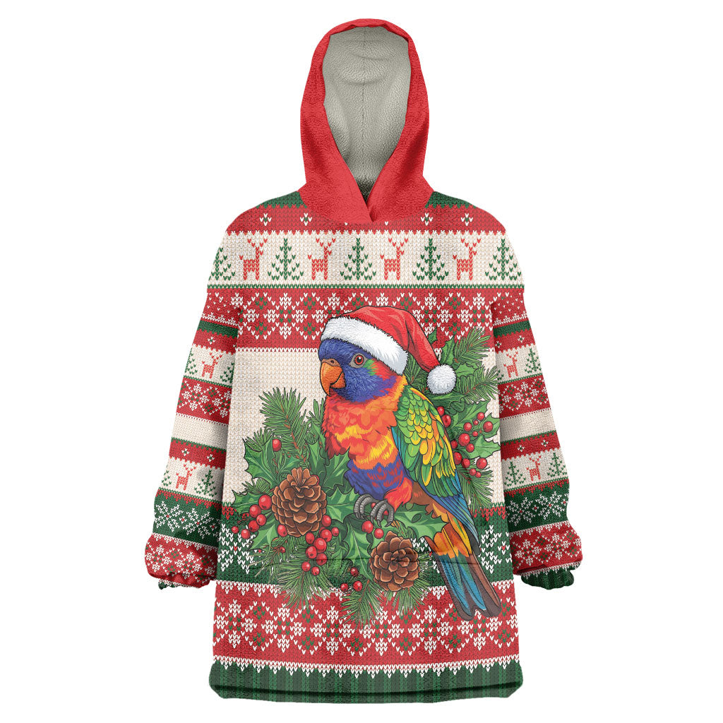 Aussie Rainbow Lorikeets Christmas Wearable Blanket Hoodie Festive Knitted Pattern Inspired