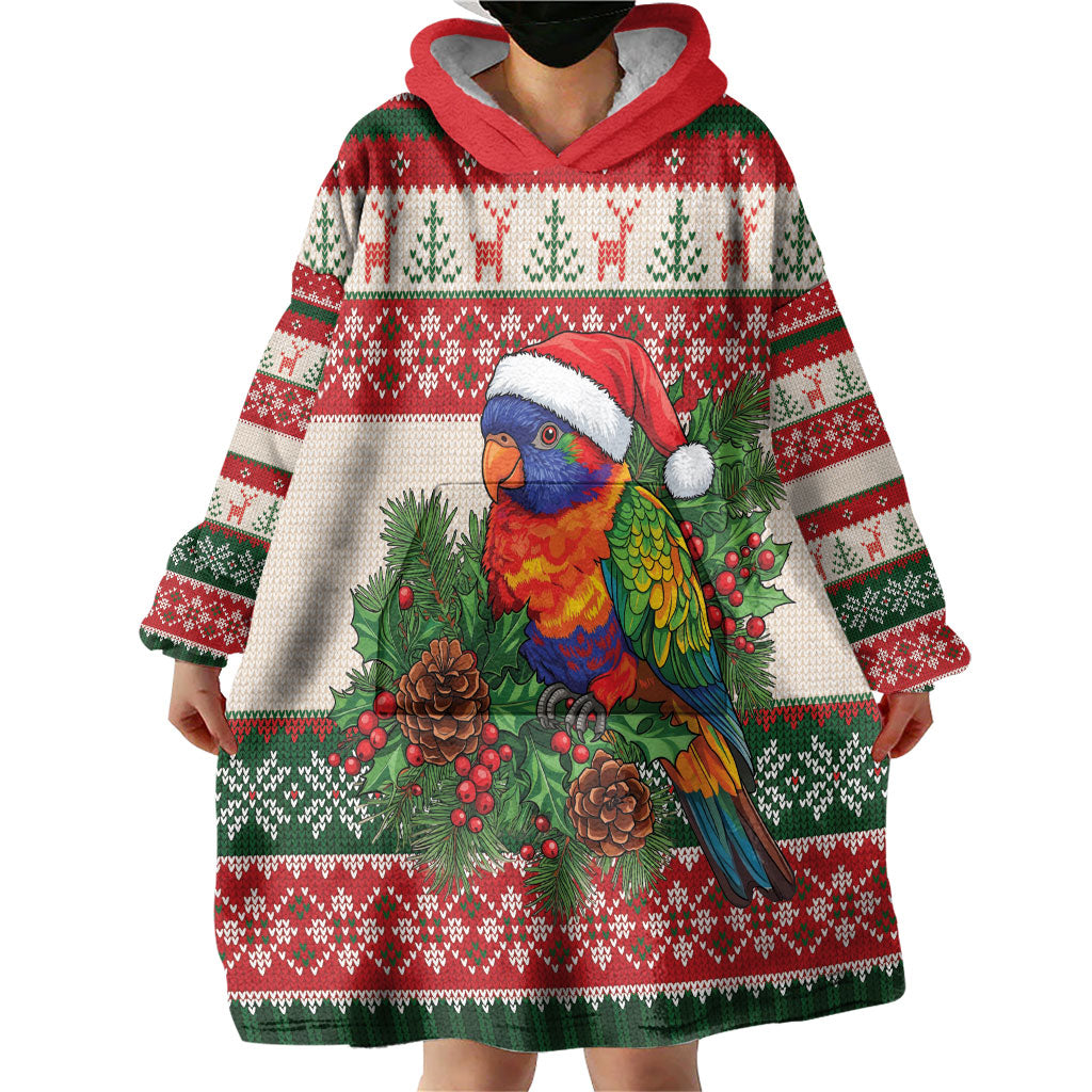 Aussie Rainbow Lorikeets Christmas Wearable Blanket Hoodie Festive Knitted Pattern Inspired