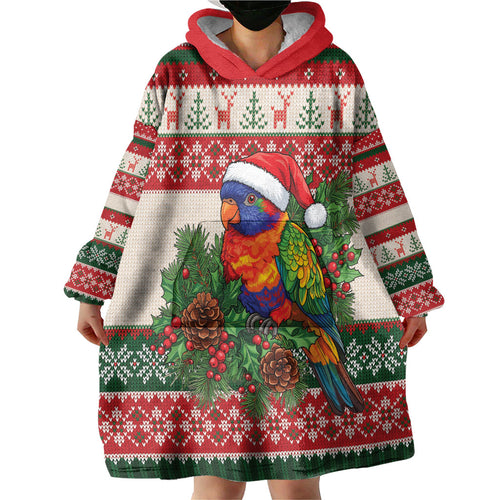 Aussie Rainbow Lorikeets Christmas Wearable Blanket Hoodie Festive Knitted Pattern Inspired