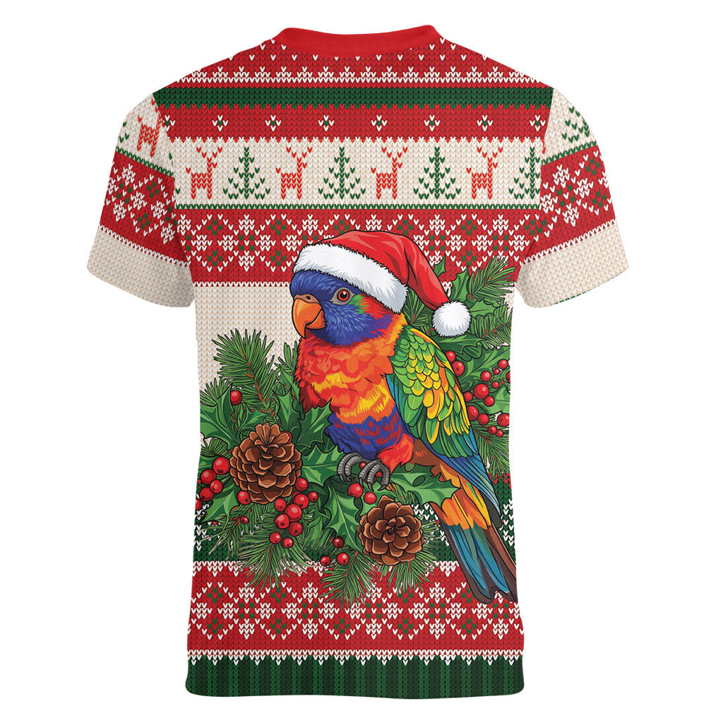 Aussie Rainbow Lorikeets Christmas Women V-Neck T-Shirt Festive Knitted Pattern Inspired