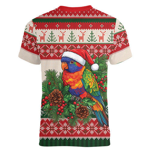 Aussie Rainbow Lorikeets Christmas Women V-Neck T-Shirt Festive Knitted Pattern Inspired