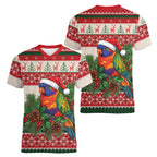 Aussie Rainbow Lorikeets Christmas Women V-Neck T-Shirt Festive Knitted Pattern Inspired