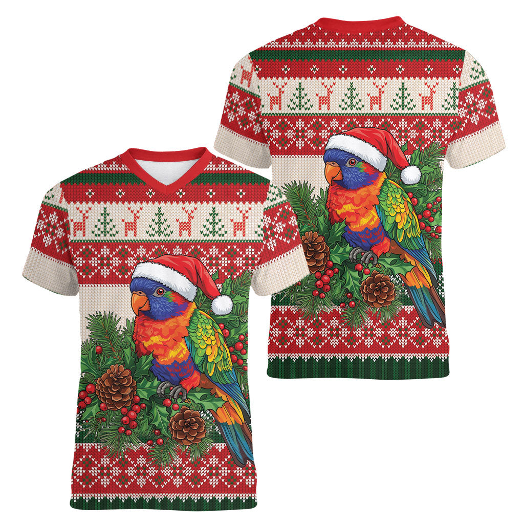 Aussie Rainbow Lorikeets Christmas Women V-Neck T-Shirt Festive Knitted Pattern Inspired