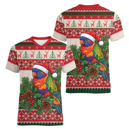 Aussie Rainbow Lorikeets Christmas Women V-Neck T-Shirt Festive Knitted Pattern Inspired