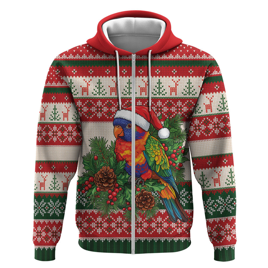 Aussie Rainbow Lorikeets Christmas Zip Hoodie Festive Knitted Pattern Inspired