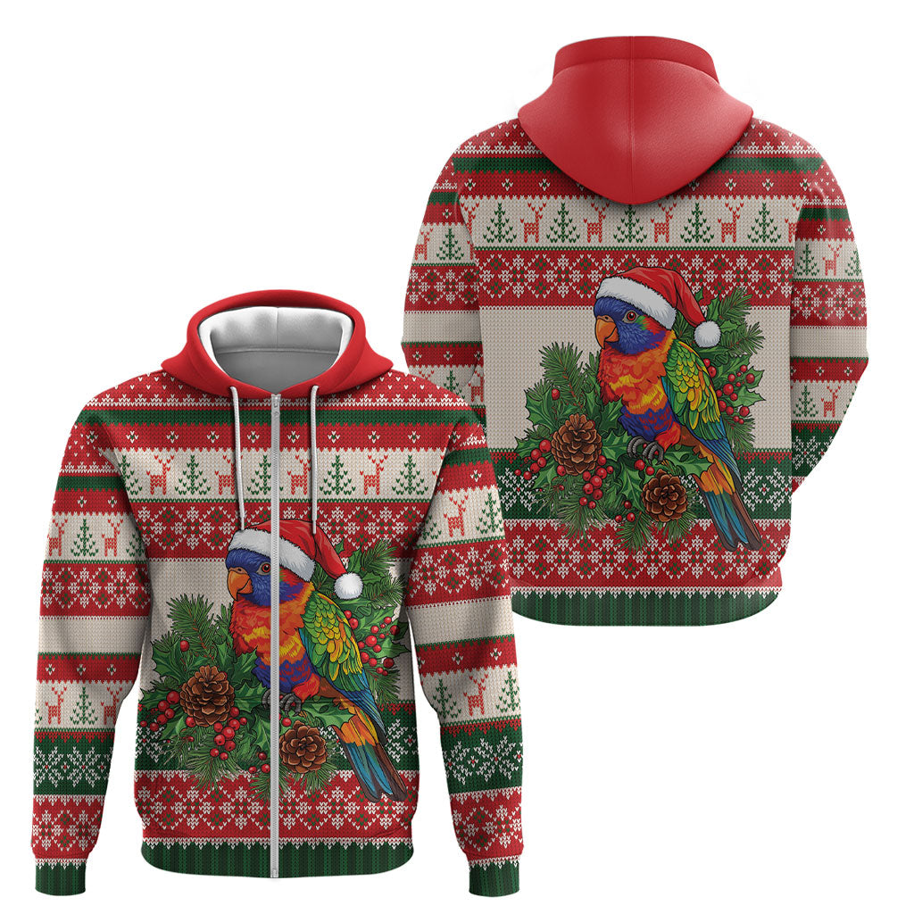 Aussie Rainbow Lorikeets Christmas Zip Hoodie Festive Knitted Pattern Inspired