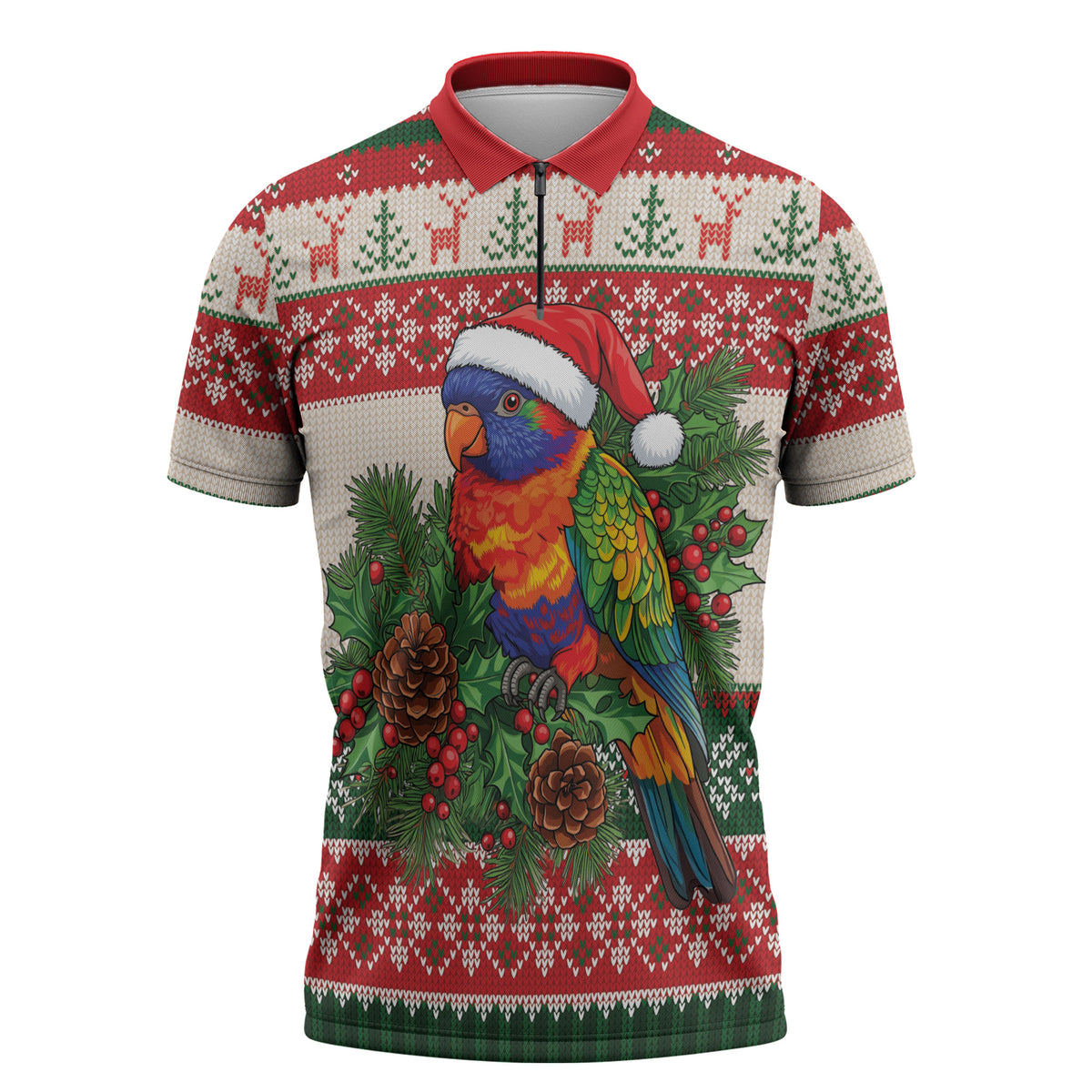 Aussie Rainbow Lorikeets Christmas Zipper Polo Shirt Festive Knitted Pattern Inspired